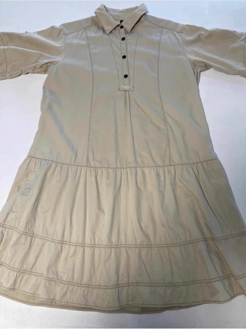 MNG Mango Vintage 2005 Beige 100% Cotton Shirt Dress Size M Tiered Skirt Safari